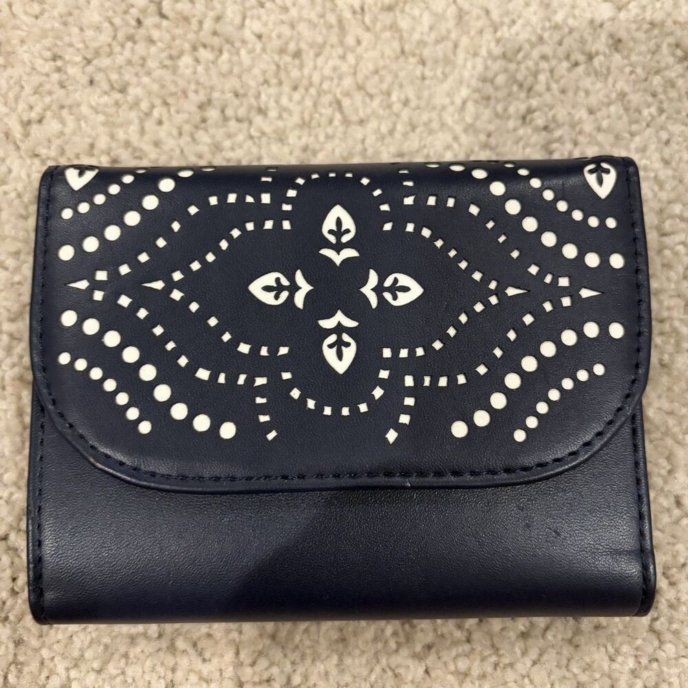 New Vera Bradley Wallet Morocco Navy Blue Laser Cut Petite Trifold Wallet Black